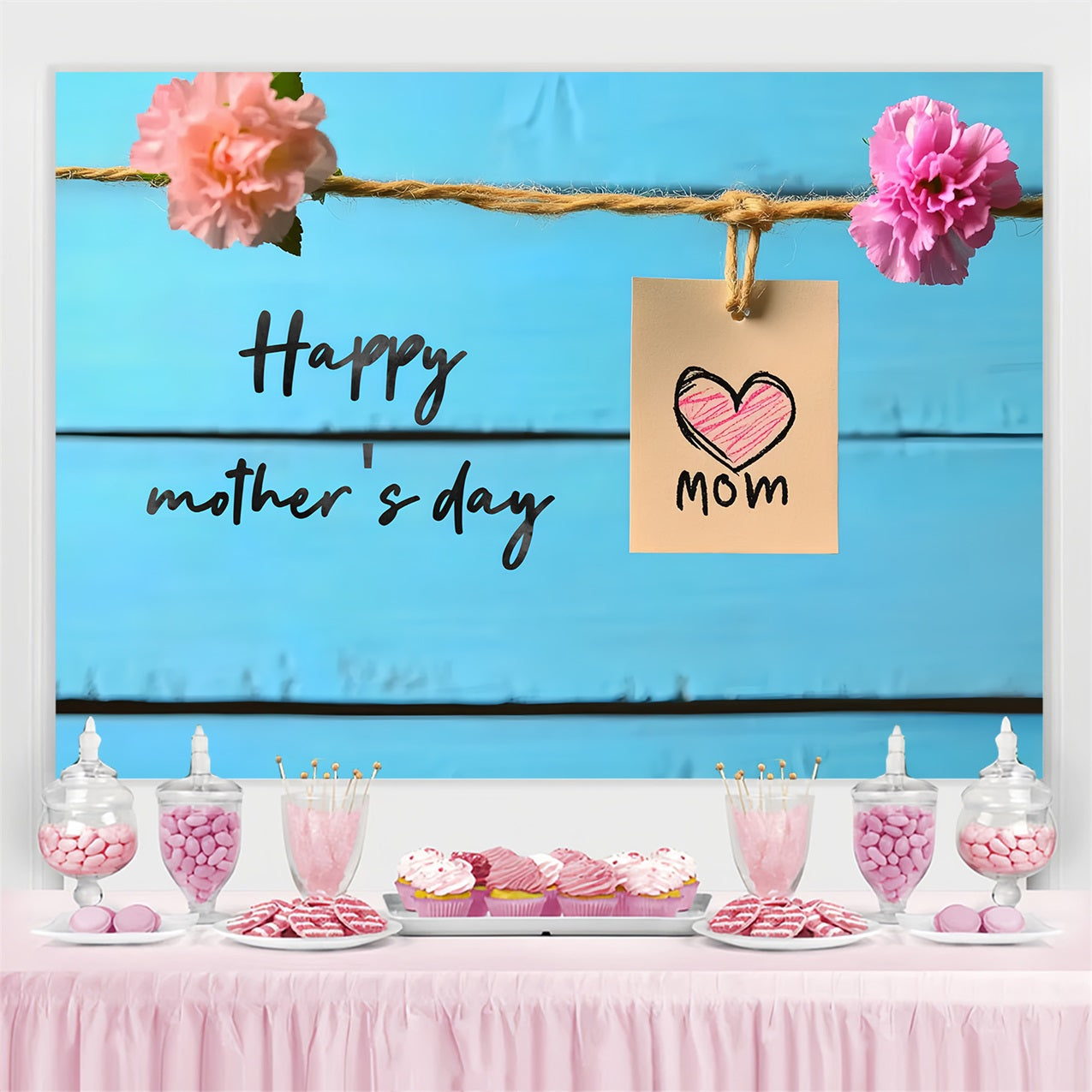 Toile de fond Fête des Mères Personnalisable Bois Bleu et Fleurs CSH-143