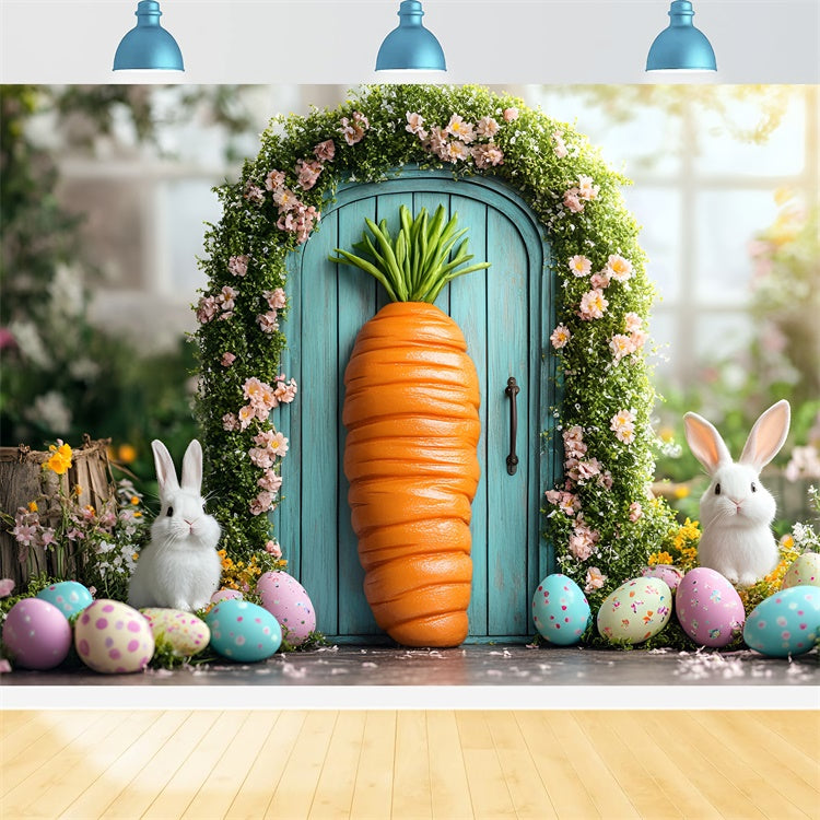 Toile de fond Pâques Porte aux Carottes Lapin Fleuri CSH2-1