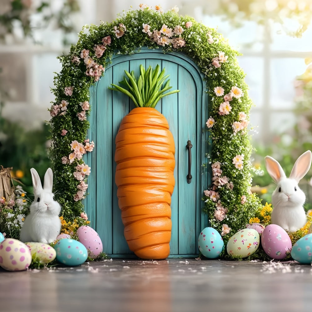 Toile de fond Pâques Porte aux Carottes Lapin Fleuri CSH2-1