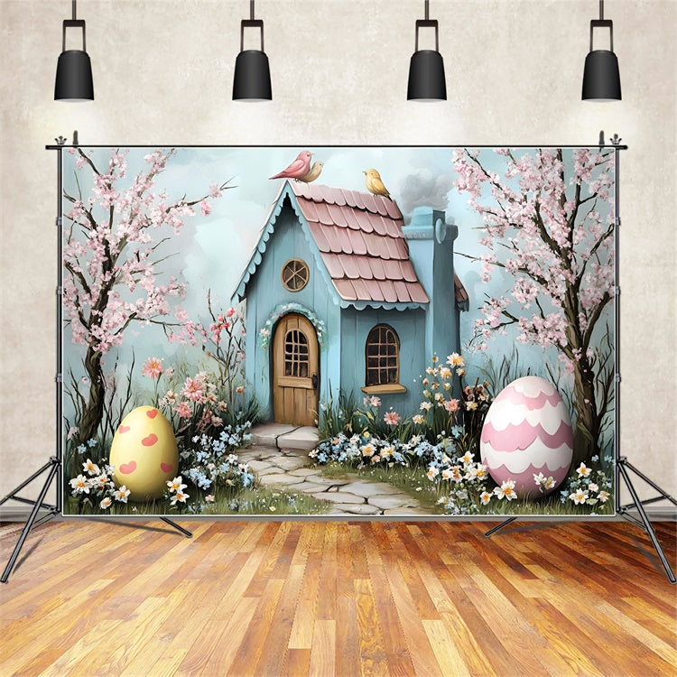 Toile de fond Photo Pâques Jardin d’Œufs Chalet Lapin CSH2-10