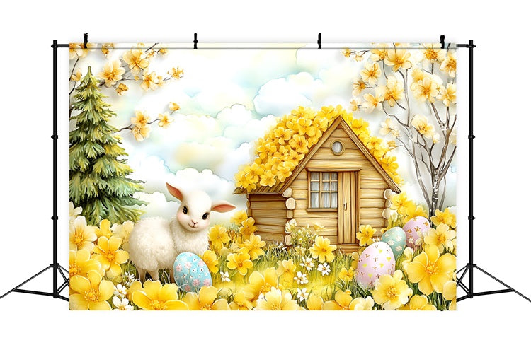 Toile de fond Pâques Agneau Heureux Jardin Fleurs Jaunes CSH2-11