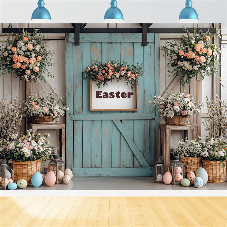 Toile de fond Déco Pâques Porte Fleurie Œufs Colorés CSH2-17