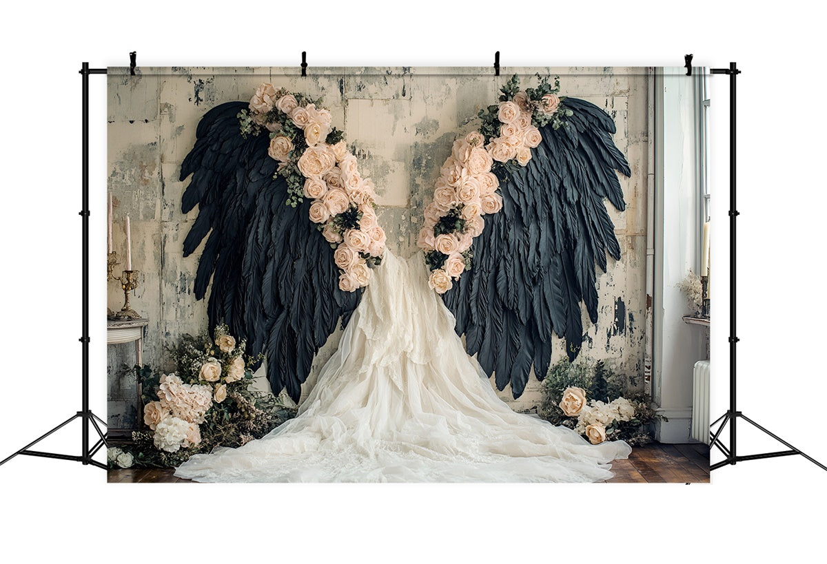 Toile de fond Mur de Fleurs Ailes Noires Plumes Roses CSH2-226