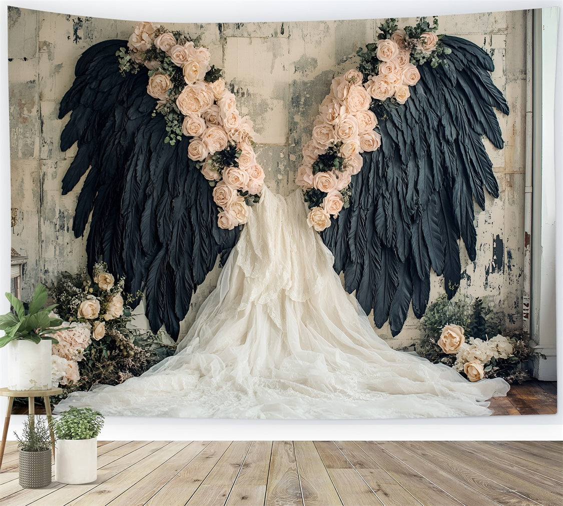Toile de fond Mur de Fleurs Ailes Noires Plumes Roses CSH2-226