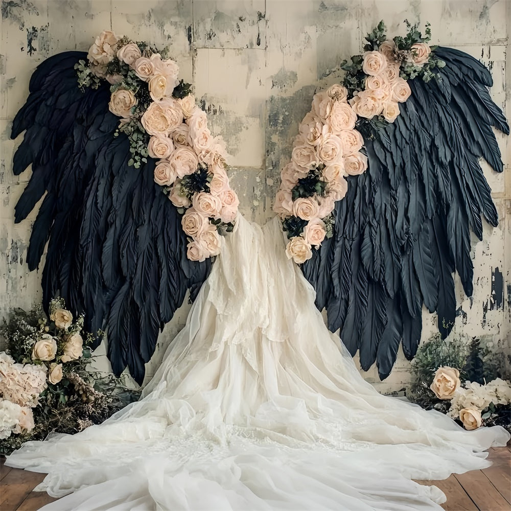 Toile de fond Mur de Fleurs Ailes Noires Plumes Roses CSH2-226