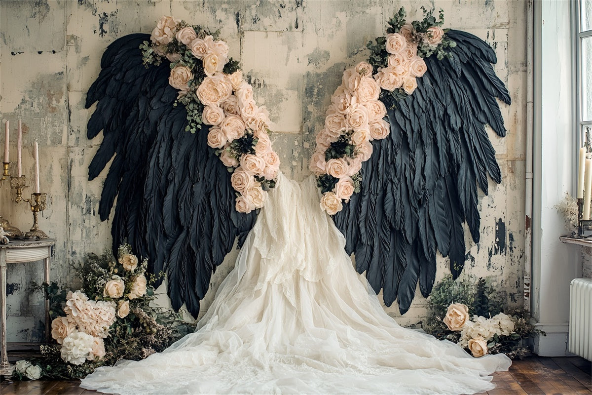 Toile de fond Mur de Fleurs Ailes Noires Plumes Roses CSH2-226