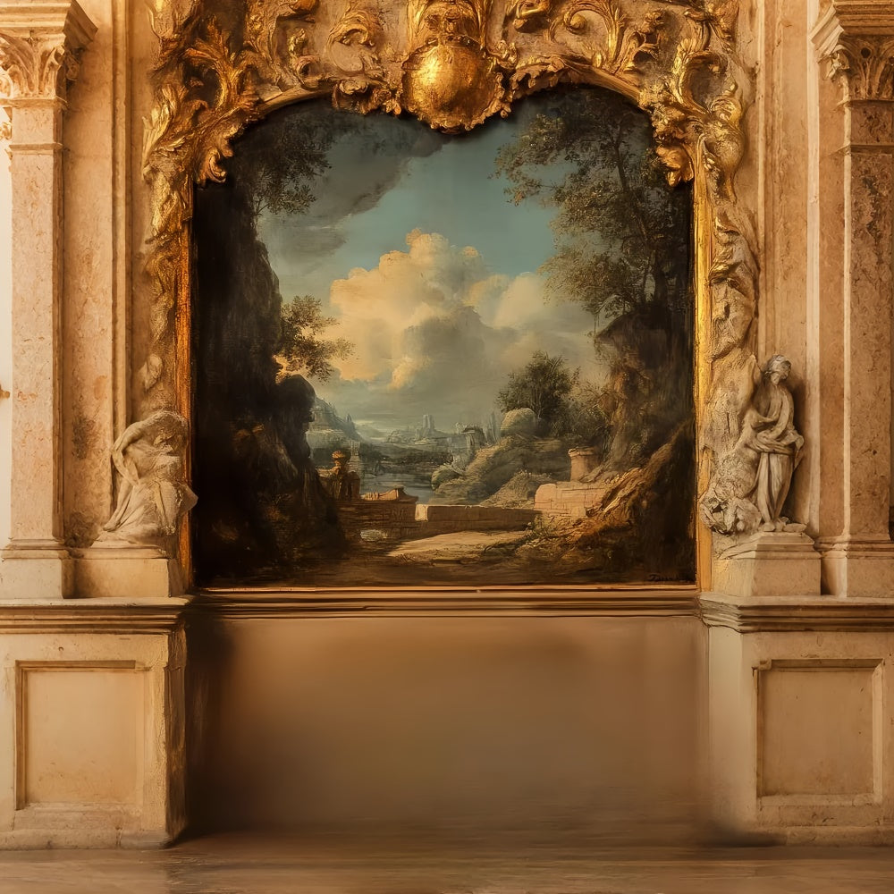 Toile de fond Mur Vintage Paysage Rustique Encadré Doré CSH2-250