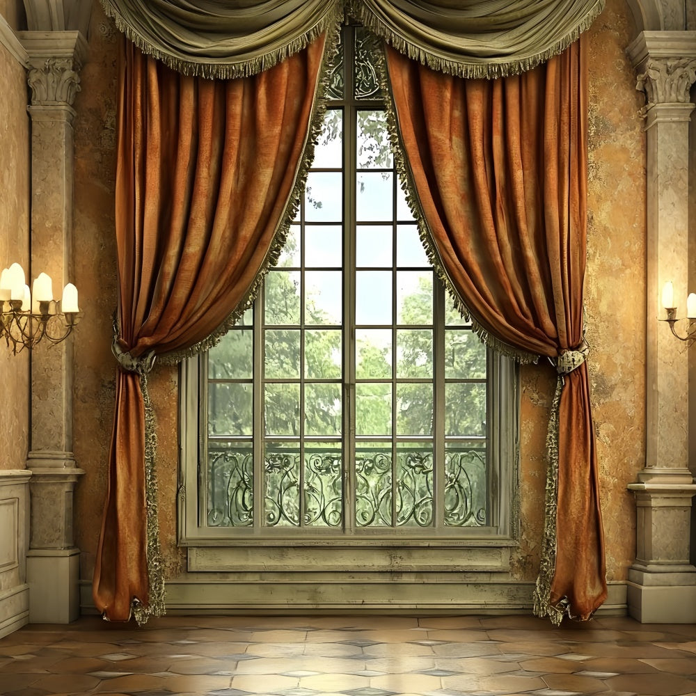Toile de fond Mur Vintage Rideaux Orange Chaleureux Fenêtre CSH2-254