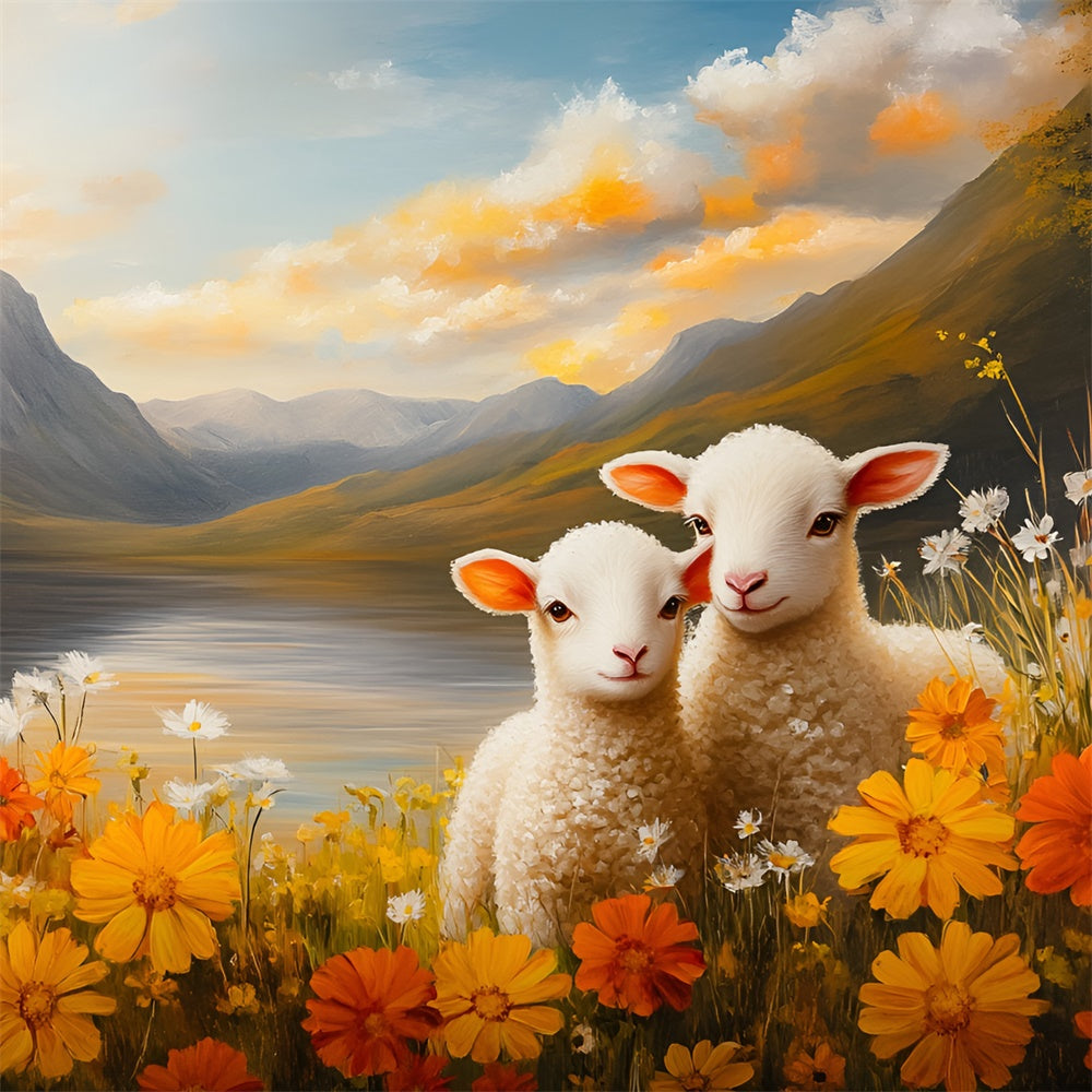 Toile de fond Photo Pâques Agneaux Adorables Vue Montagne CSH2-31