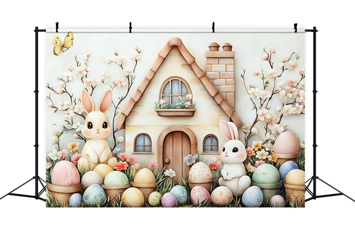 Toile de fond Déco Pâques Maison Lapin Œufs Fleuris CSH2-5