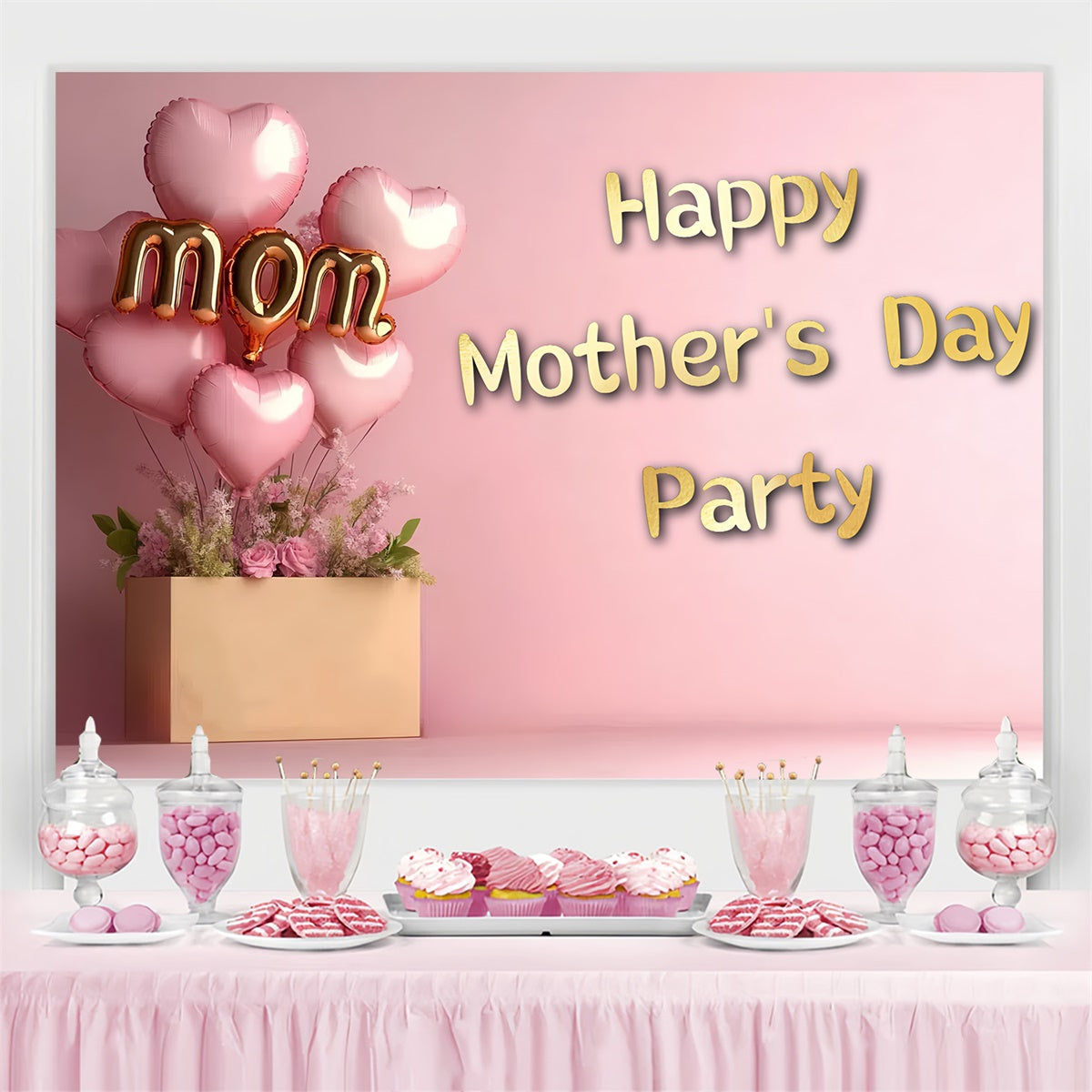 Toile de fond Fête des Mères Personnalisable Ballon Cœur et Fleurs Roses CSH3-103