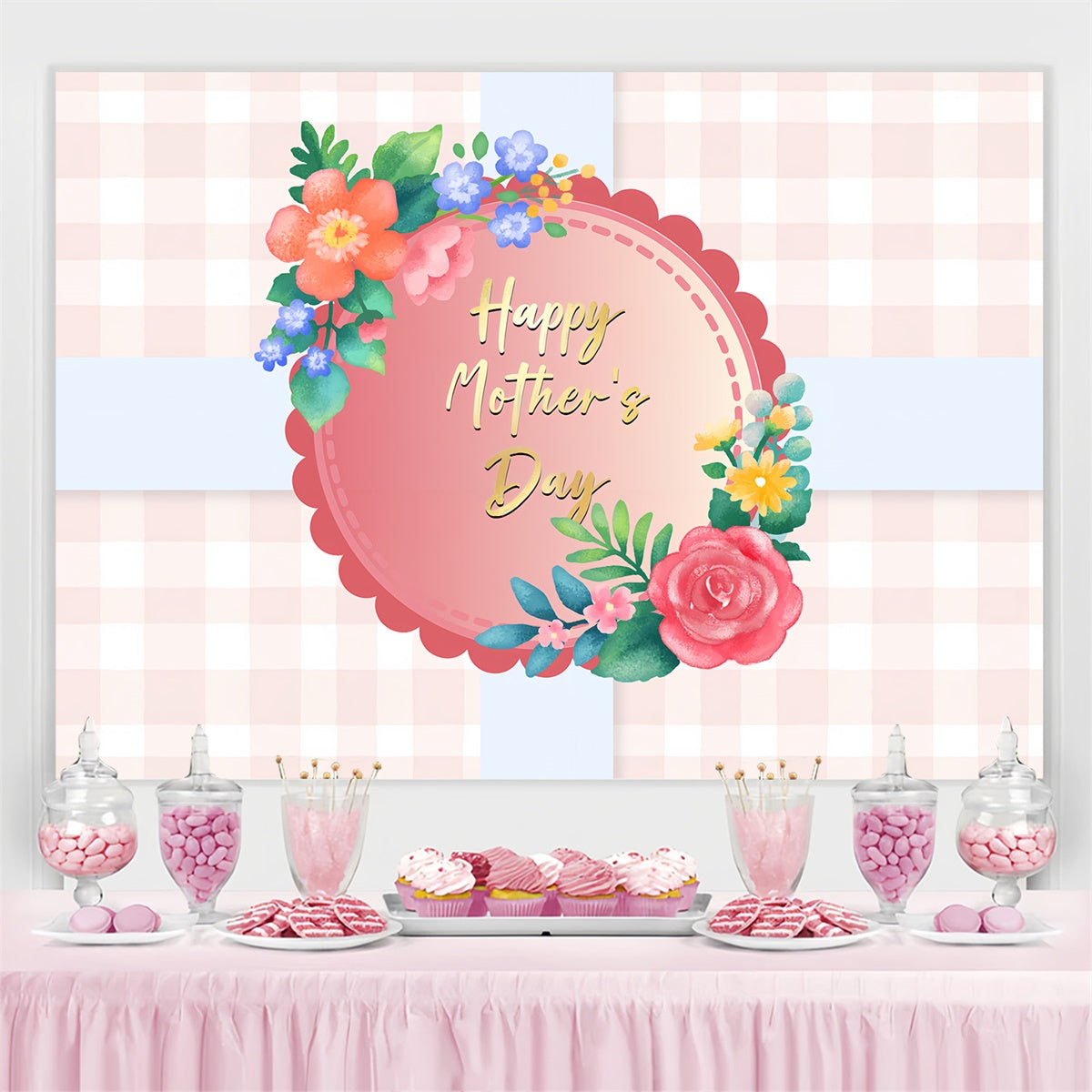 Toile de fond Fête des Mères Personnalisable Carreaux Pastel et Fleurs CSH3-112