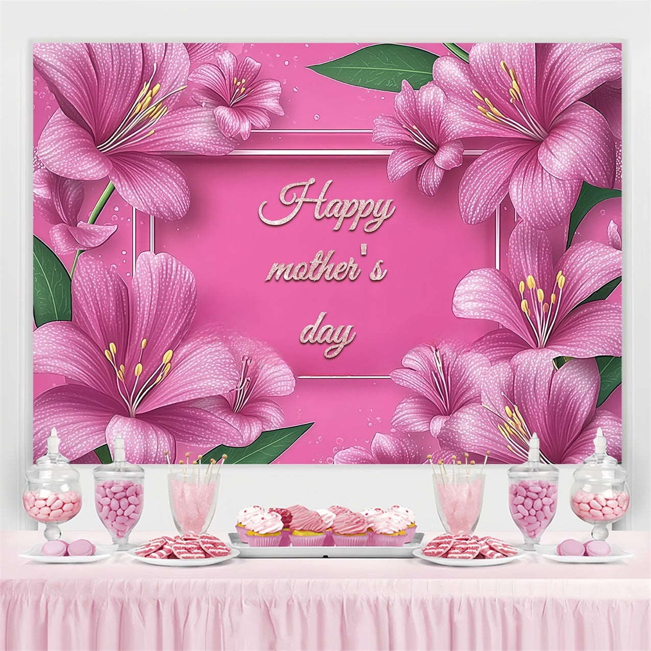 Toile de fond Fête des Mères Personnalisable Cadre Floral Lys Rose CSH3-131