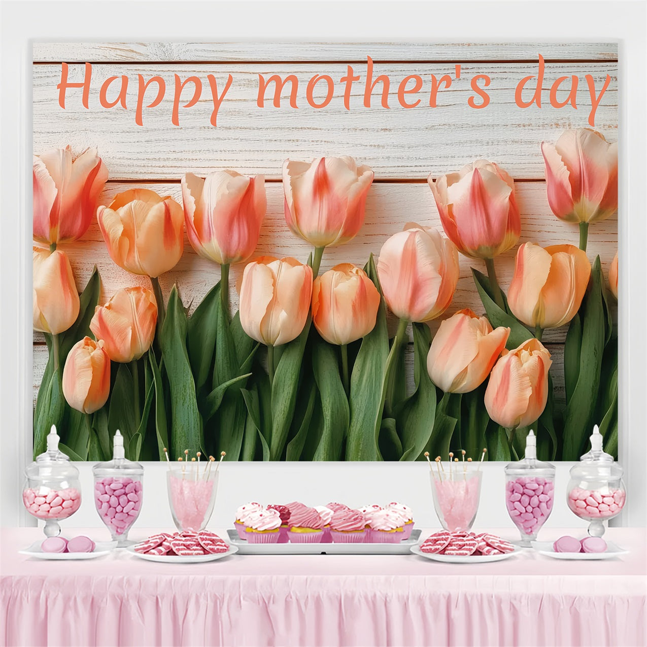 Toile de fond Fête des Mères Personnalisable Planche de Bois et Tulipes CSH3-161
