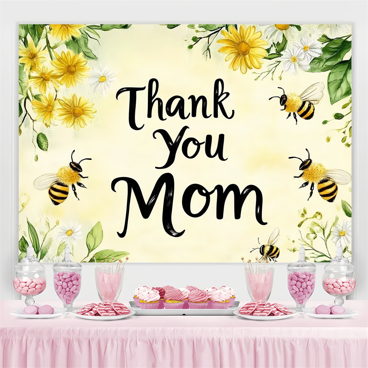 Toile de fond Fête des Mères Personnalisable Marguerites et Abeille CSH3-172