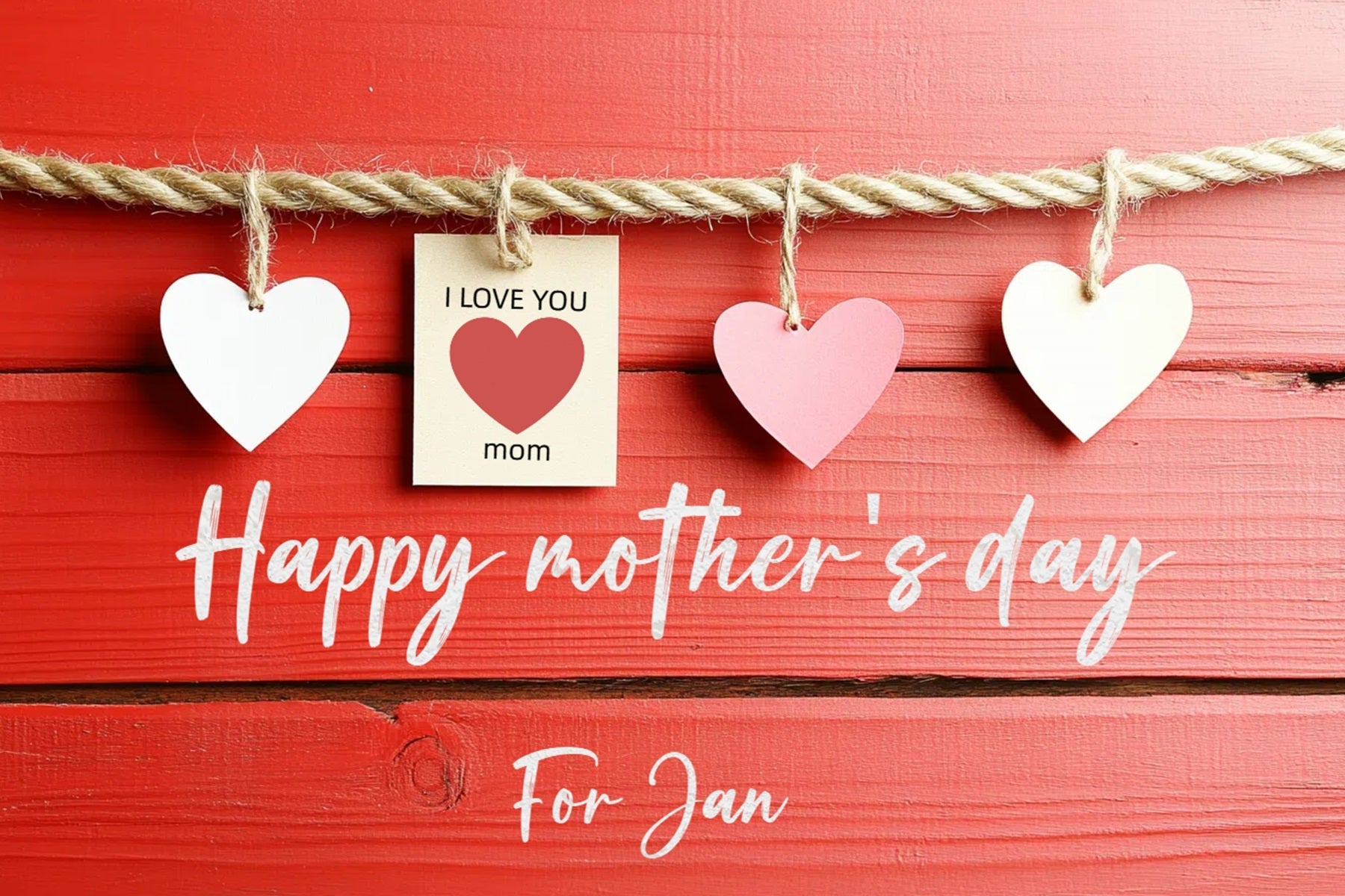 Toile de fond Fête des Mères Personnalisable Cœurs Suspendus Bois Rouge CSH3-176