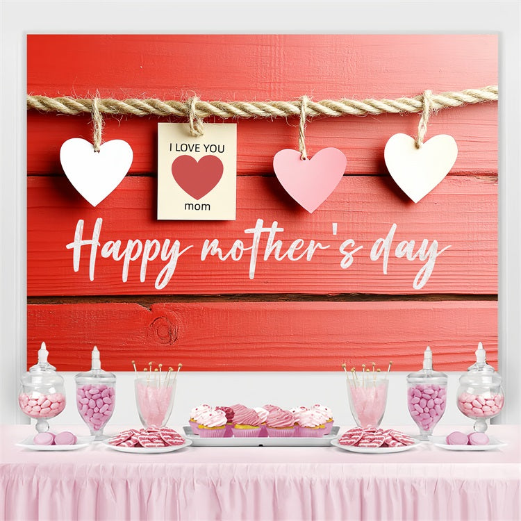 Toile de fond Fête des Mères Personnalisable Cœurs Suspendus Bois Rouge CSH3-176