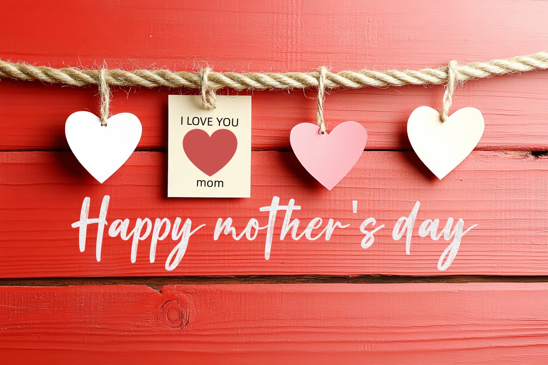 Toile de fond Fête des Mères Personnalisable Cœurs Suspendus Bois Rouge CSH3-176