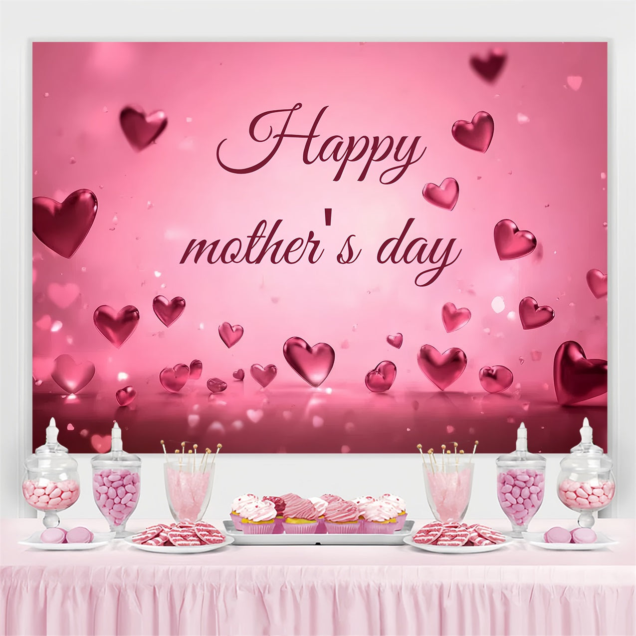 Toile de fond Fête des Mères Personnalisable Cœurs Flottants Roses CSH3-185