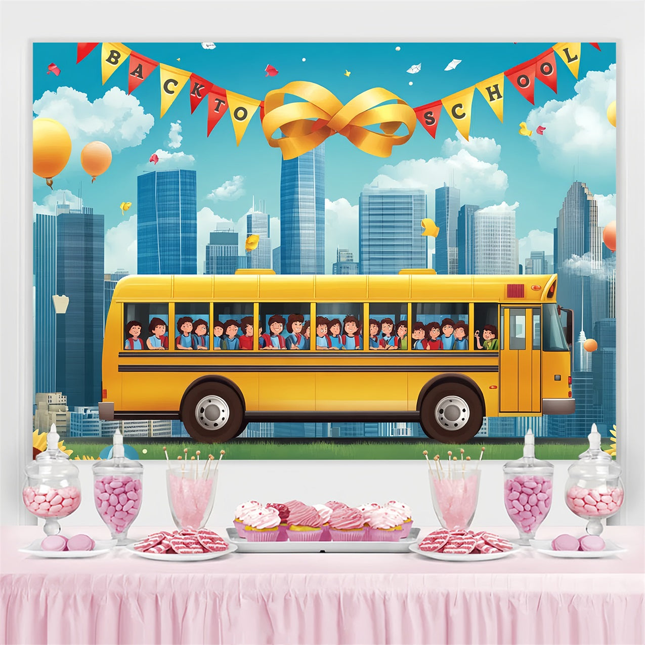 Toile de fond Rentrée des Classes Bus Scolaire Jaune Paysage Urbain CSH3-55
