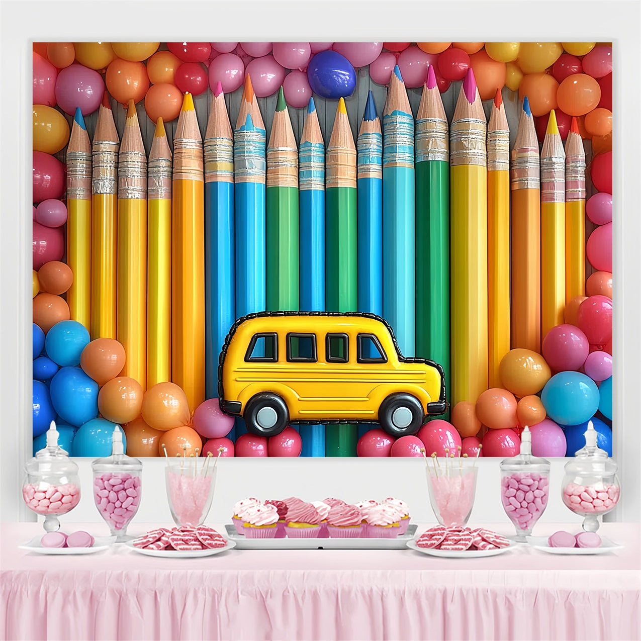 Toile de fond Rentrée des Classes Arc-en-Ciel Crayons Ballons Fête CSH3-65