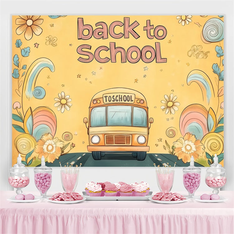 Toile de fond Rentrée des Classes Bus Scolaire Floral Dessiné à la Main CSH3-67
