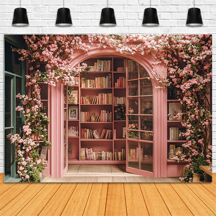 Toile de fond Rentrée Scolaire Bibliothèque Fleurs de Cerisier CSH3-7