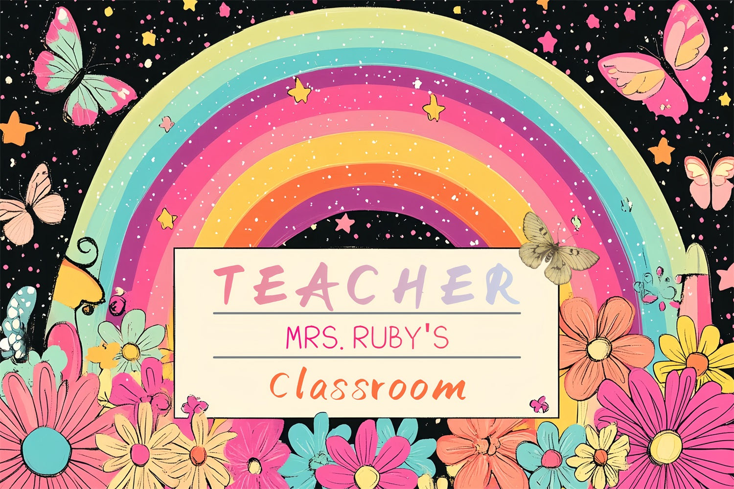 Toile de fond Rentrée des Classes Papillons Enchantés Arc-en-Ciel Personnalisé CSH3-89