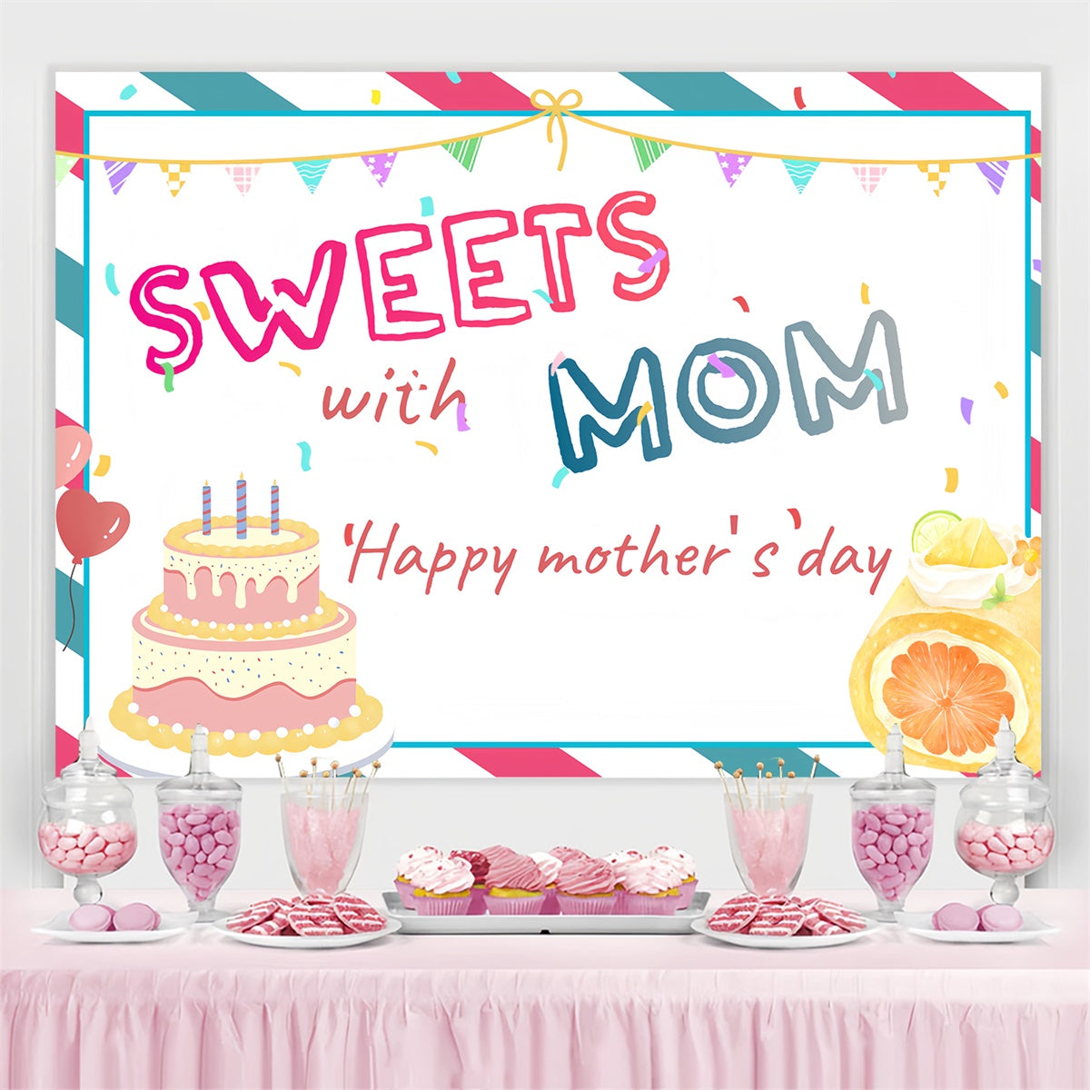 Toile de fond Fête des Mères Personnalisable Gâteau Mignon et Ballons CSH3-93