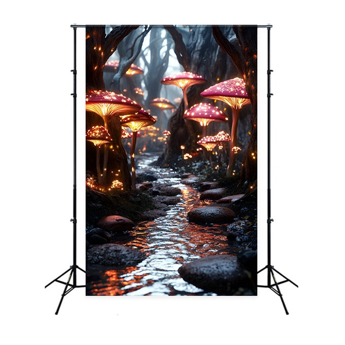 Toile de fond Conte de Fées Forêt Champignons Lumineux Rivière CSH4-107