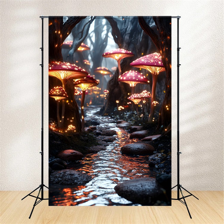 Toile de fond Conte de Fées Forêt Champignons Lumineux Rivière CSH4-107