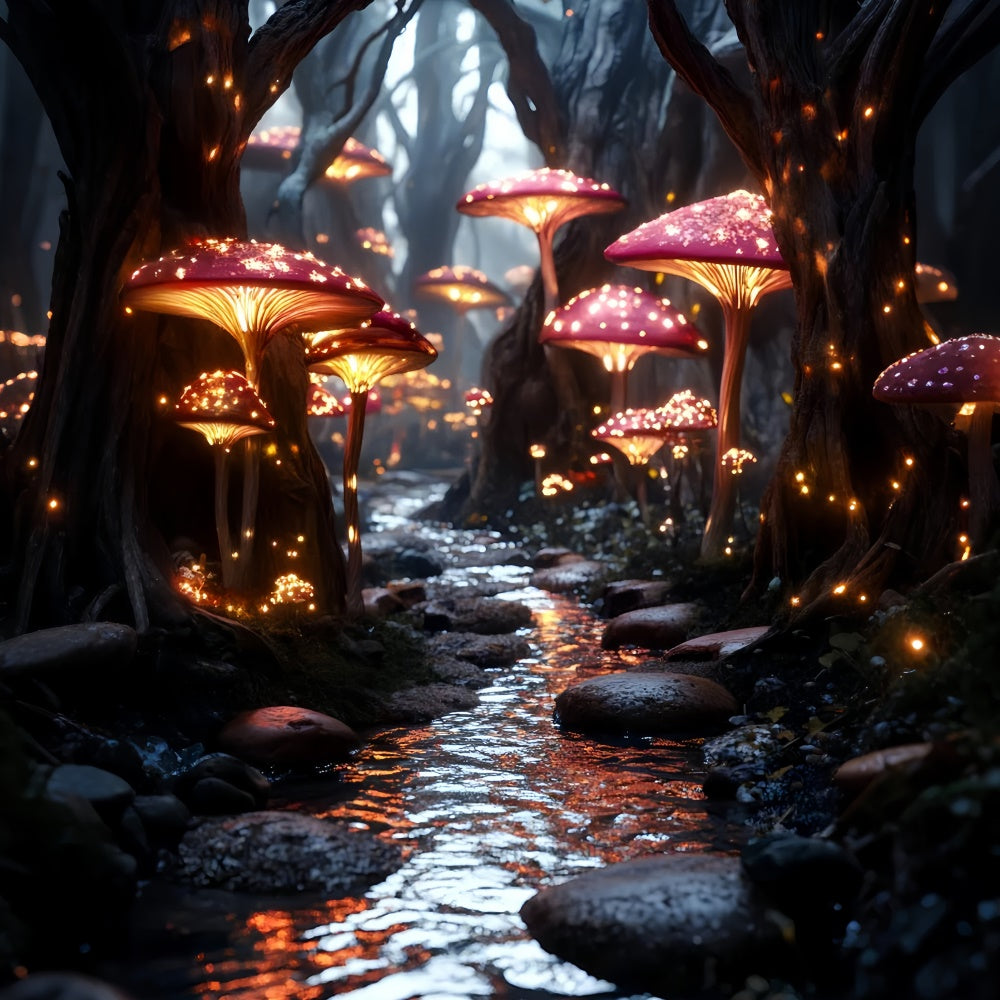 Toile de fond Conte de Fées Forêt Champignons Lumineux Rivière CSH4-107