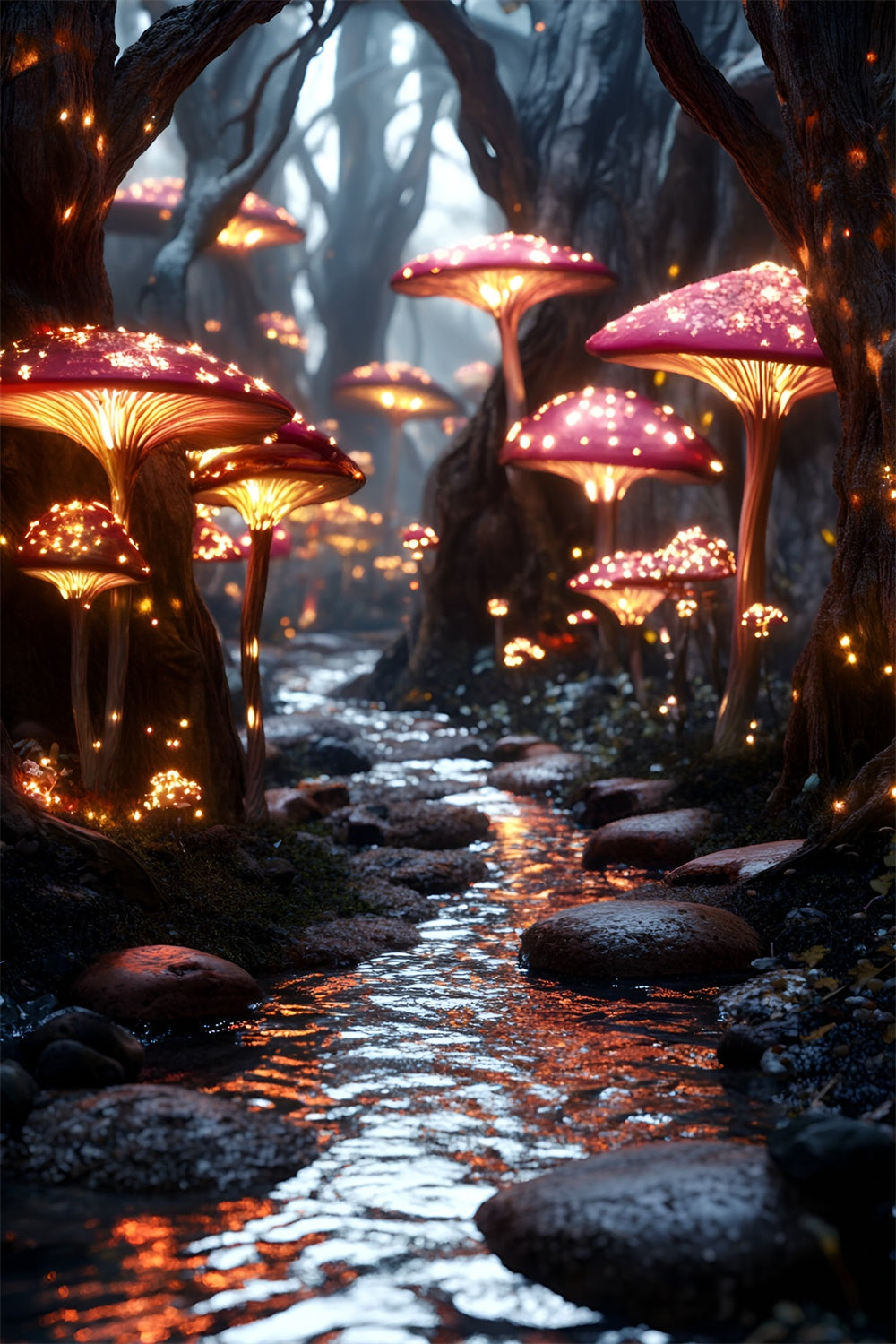 Toile de fond Conte de Fées Forêt Champignons Lumineux Rivière CSH4-107