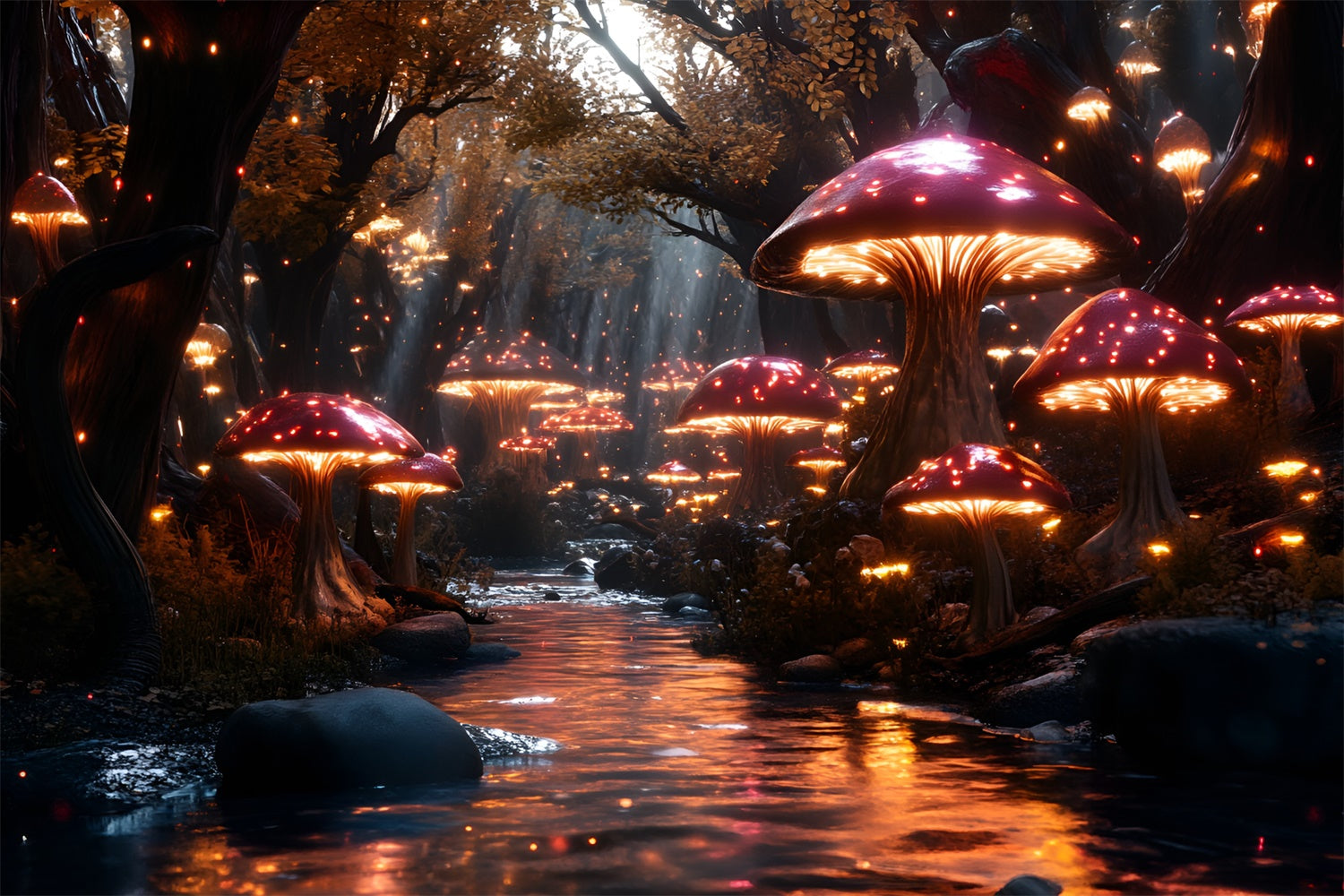 Toile de fond Conte de Fées Forêt Ruisseau Magique Champignons CSH4-109