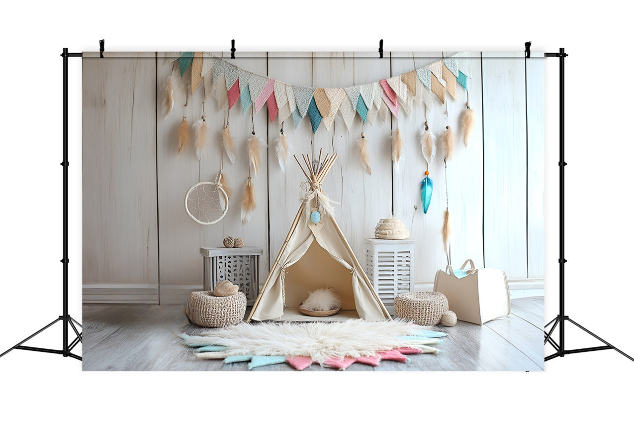 Toile de fond Bohème Guirlande Plumes Tente Enfant CSH4-144