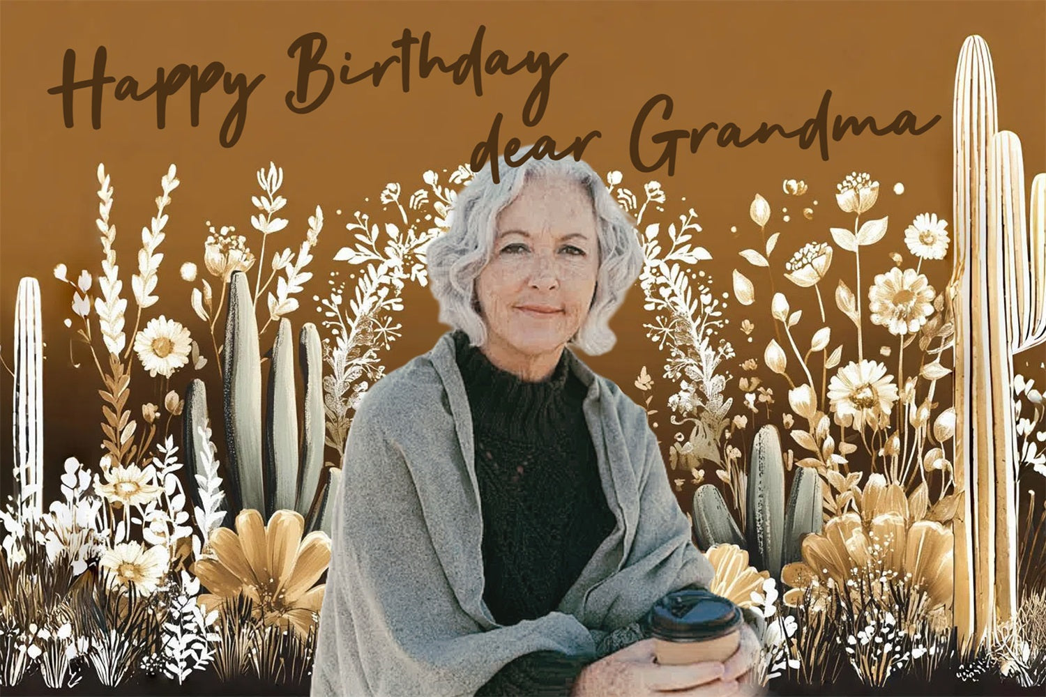 Toile de fond Anniversaire Personnalisée Grand-Mère Florale Cactus 70ème CSH4-19