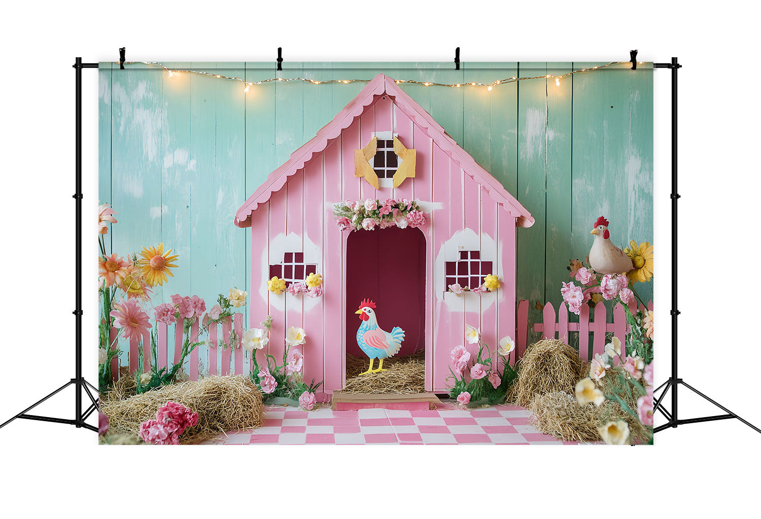 Toile de fond Grange Rose Poule Fleurs CSH4-204