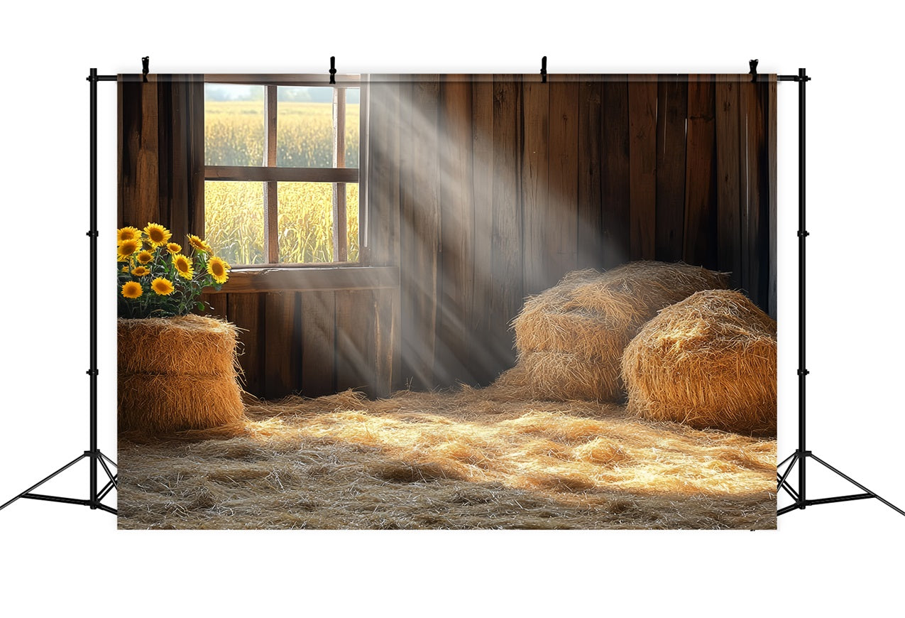 Toile de fond Cour de Grange Paille Fenêtre Tournesols CSH4-212