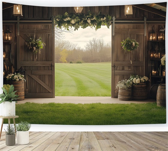 Toile de fond Bois de Grange Fleurs Mur Champ Vert CSH4-218