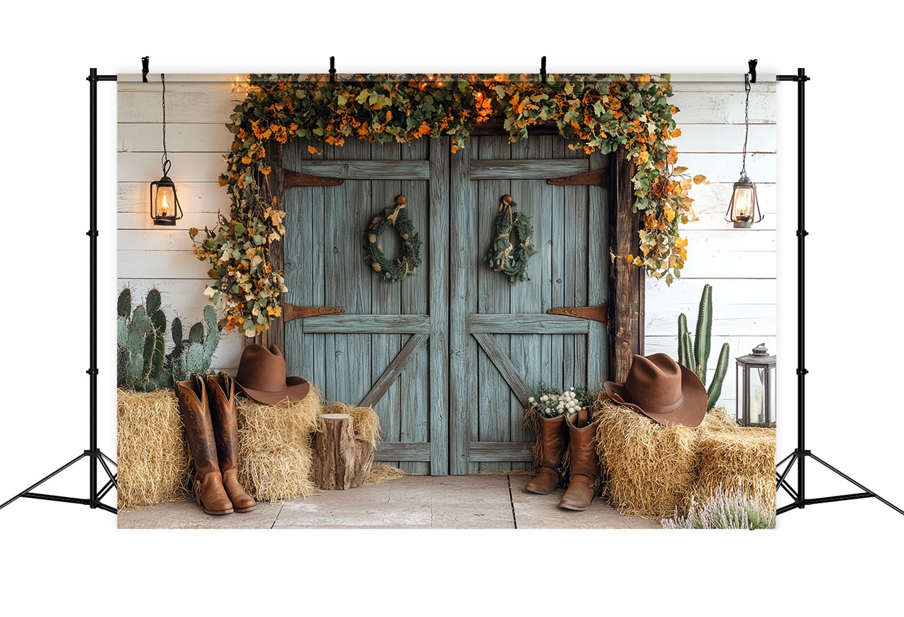 Toile de fond Porte de Grange Bleue Déco Cowboy CSH4-220