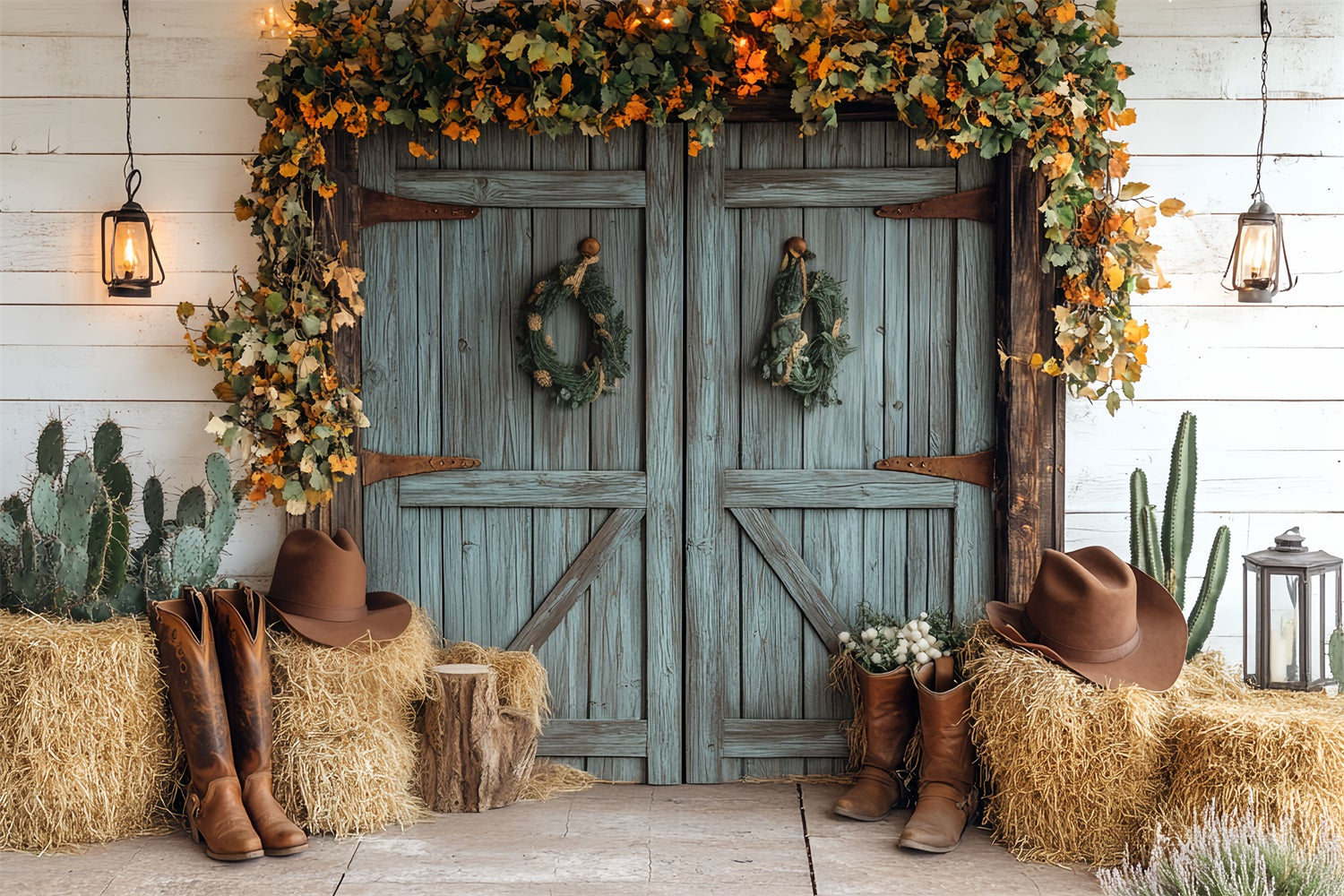 Toile de fond Porte de Grange Bleue Déco Cowboy CSH4-220