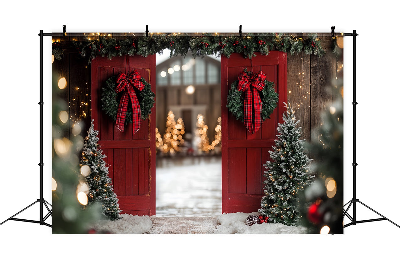 Toile de fond Grange Rouge Entrée Noël Nœud Couronne CSH4-223