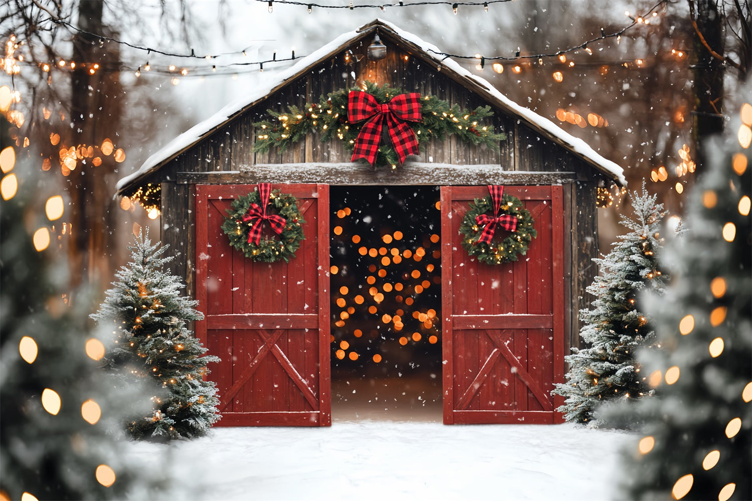 Toile de fond Porte de Grange Rouge Noël Porte Sapin CSH4-224