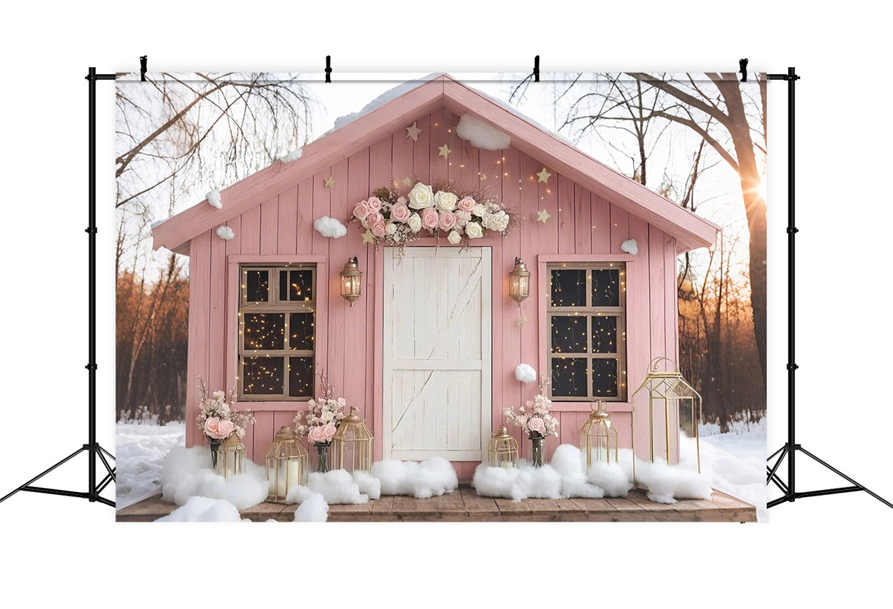 Toile de fond Grange Rose Maison Neige Fleurs CSH4-226