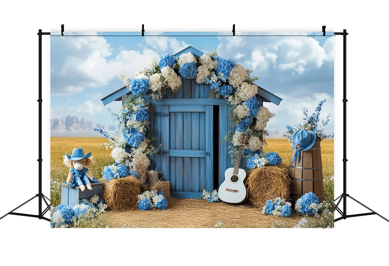 Toile de fond Grange Champ Fleuri Bleu CSH4-231