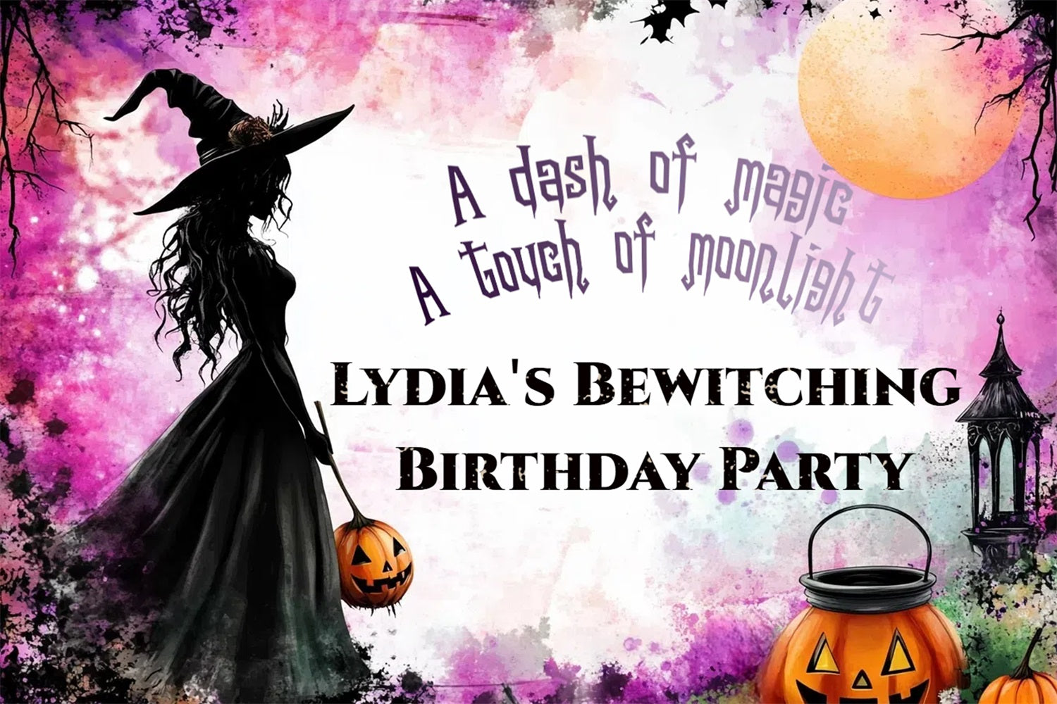 Toile de fond Anniversaire Personnalisable Sorcière Anniversaire Halloween Clair de Lune CSH4-24