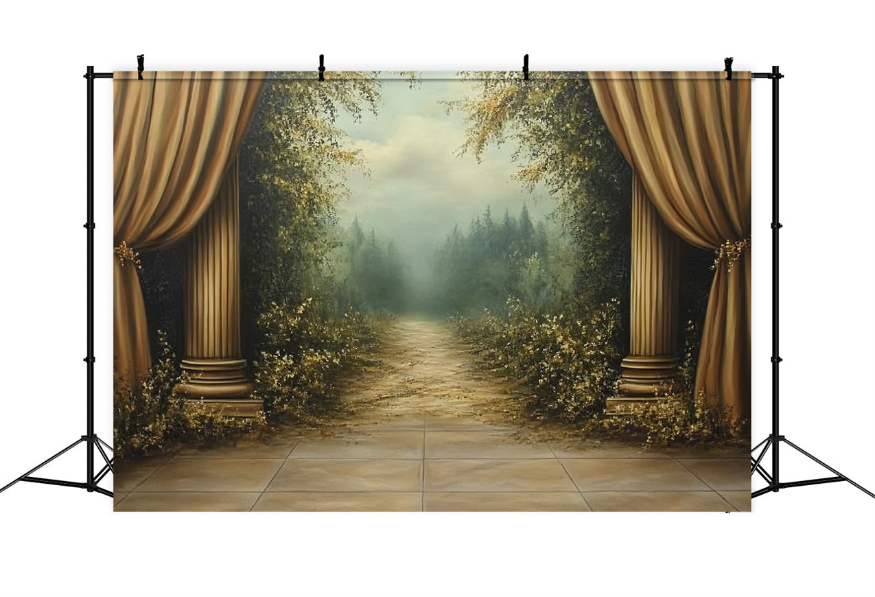 Toile de fond Victorienne Rideaux Dorés Sentier Forêtier Vintage CSH4-269