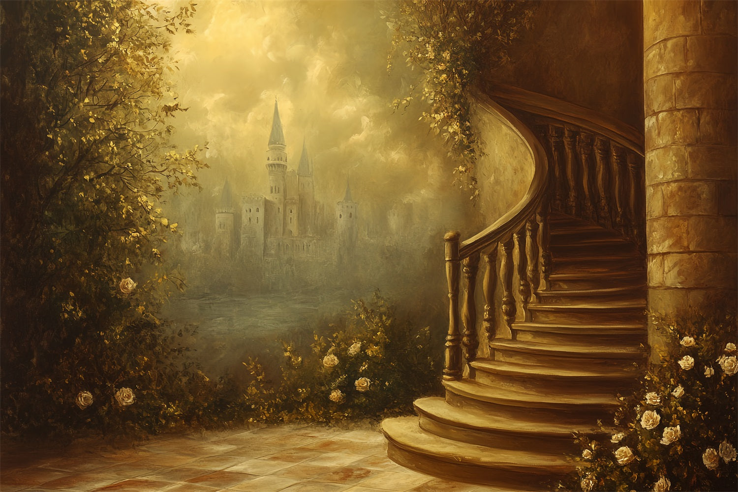 Toile de fond Victorienne Photo Escalier Spiralé Château Vintage CSH4-273