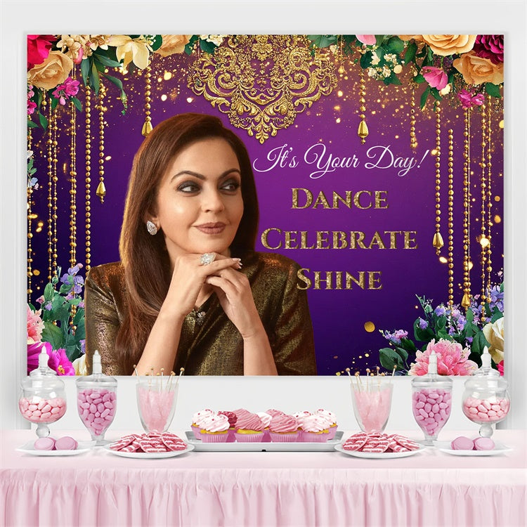 Toile de fond Anniversaire Personnalisée Élégante Violet Or Paillettes CSH4-29