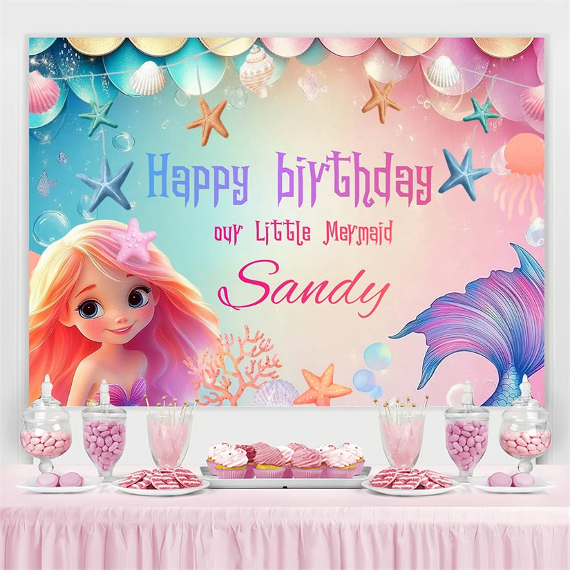 Toile de fond Anniversaire Personnalisé Coquilles Sirène Étoiles de Mer CSH4-3